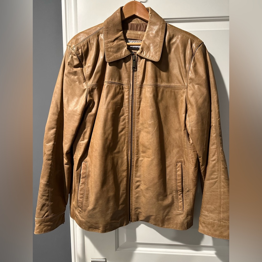 Andrew Marc Men’s Tan Leather Size Large Bomber Jacket